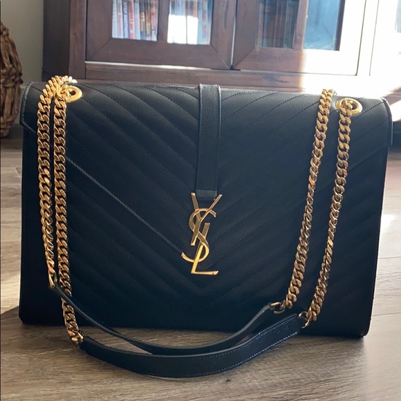 Yves Saint Laurent Handbags - Yves Saint Laurent Black Chevron Quilted Shoulder Bag with Gold Hardware